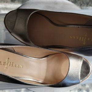 Gold Cole Haan open toe leather espadrille wedged